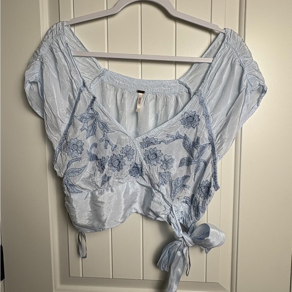 Free People Pale Blue Floral Tie-Front Crop Top